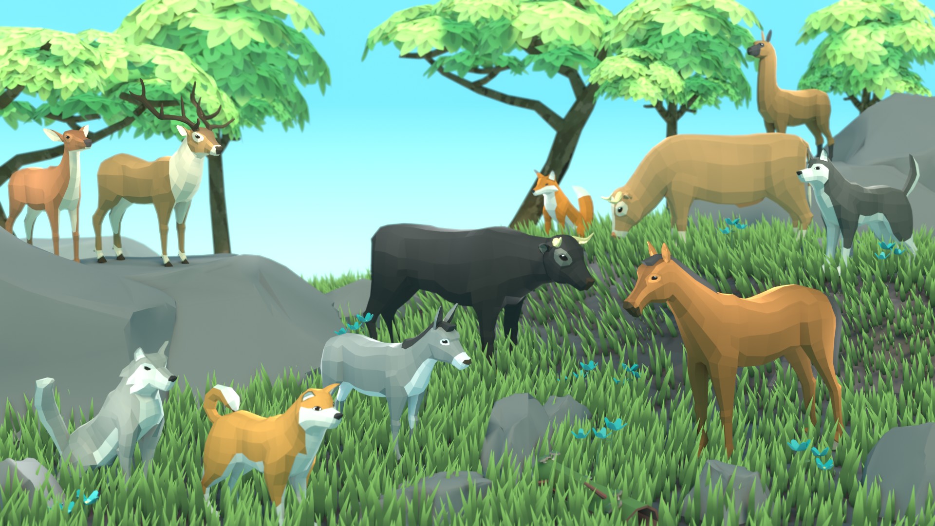 A grassy landscape full of low-poly animals: deer, a stag, a llama, a cow, a fox, a husky, a wolf, a Shiba Inu, a donkey, and a horse.